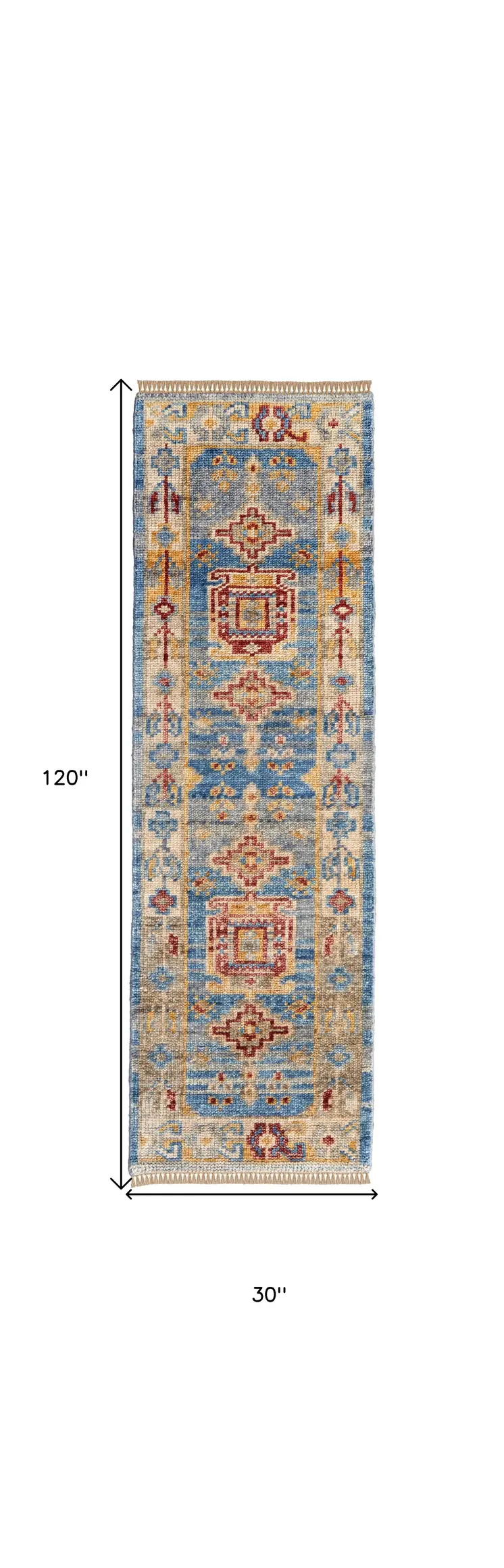 10' Blue Red and Yellow Wool Geometric Hand Knotted Runner Rug With Fringe