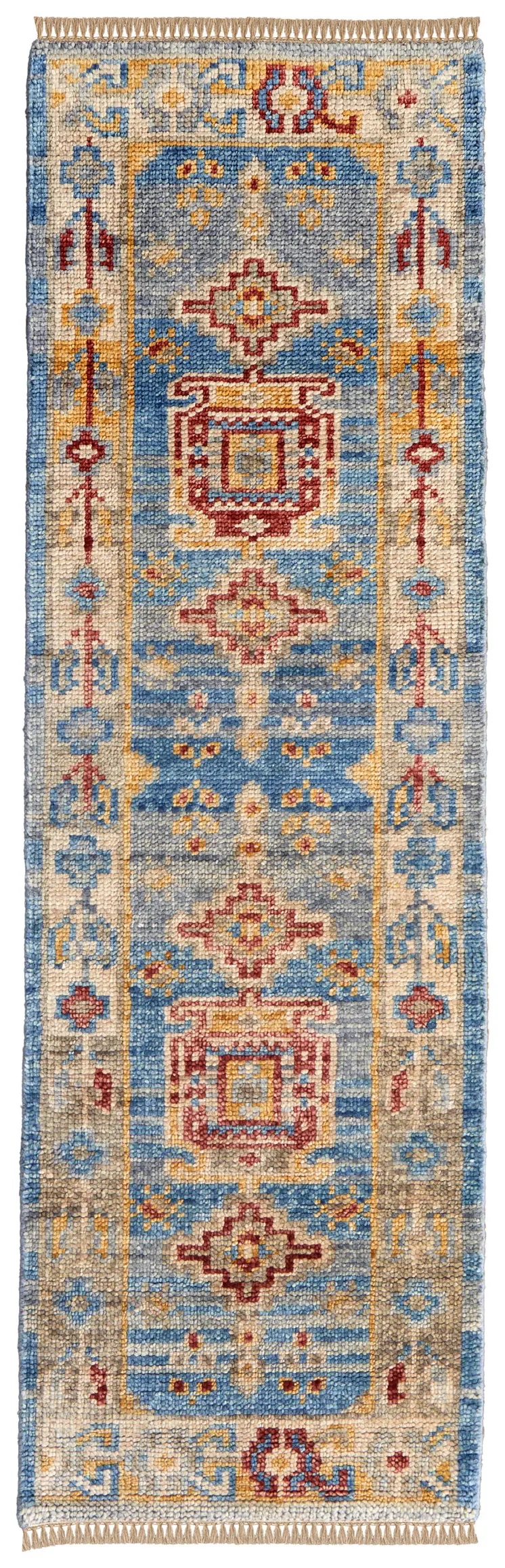 10' Blue Red and Yellow Wool Geometric Hand Knotted Runner Rug With Fringe