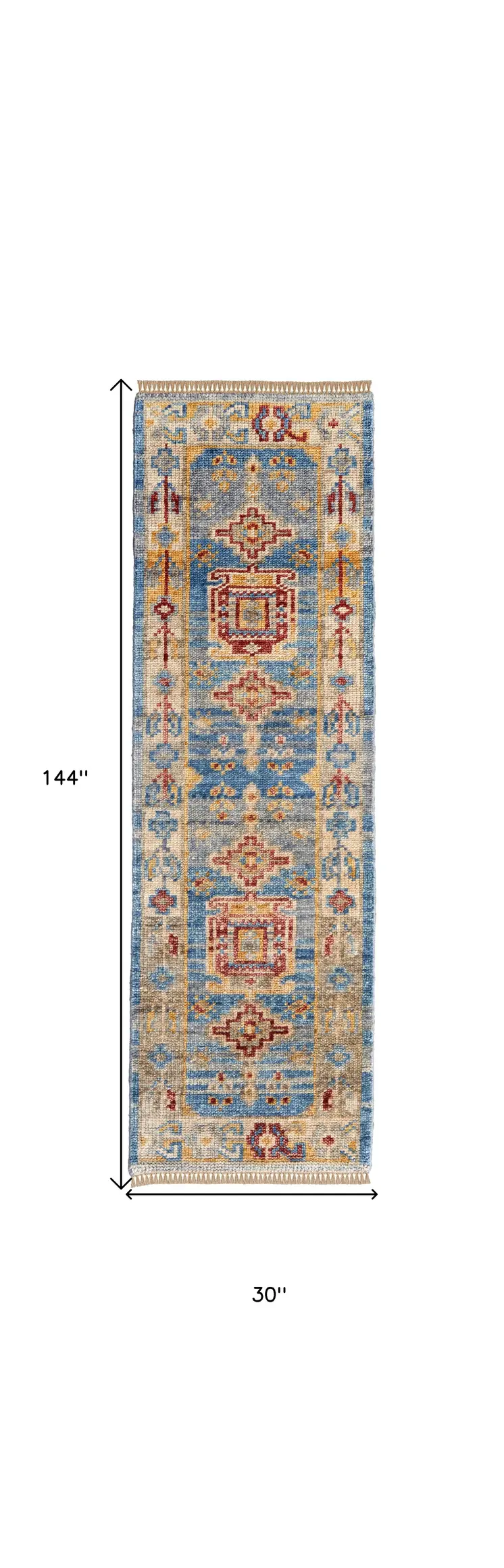 12' Blue Red and Yellow Wool Geometric Hand Knotted Runner Rug With Fringe