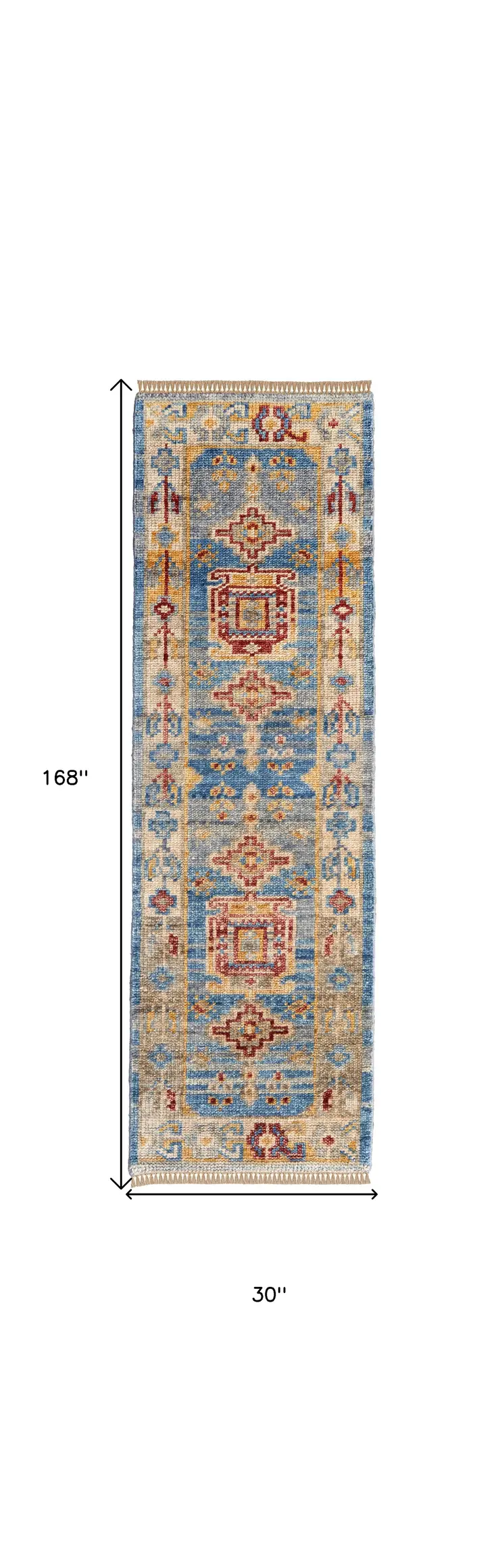 14' Blue Red and Yellow Wool Geometric Hand Knotted Runner Rug With Fringe