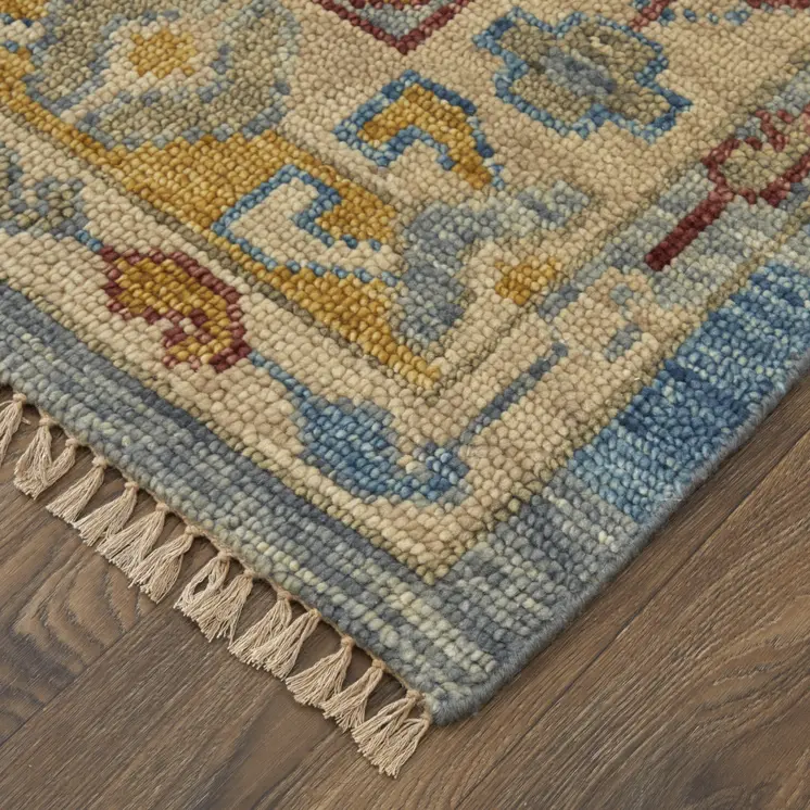 8' Blue Red and Yellow Wool Geometric Hand Knotted Runner Rug With Fringe
