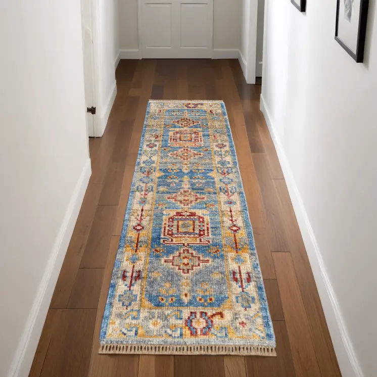 8' Blue Red and Yellow Wool Geometric Hand Knotted Runner Rug With Fringe