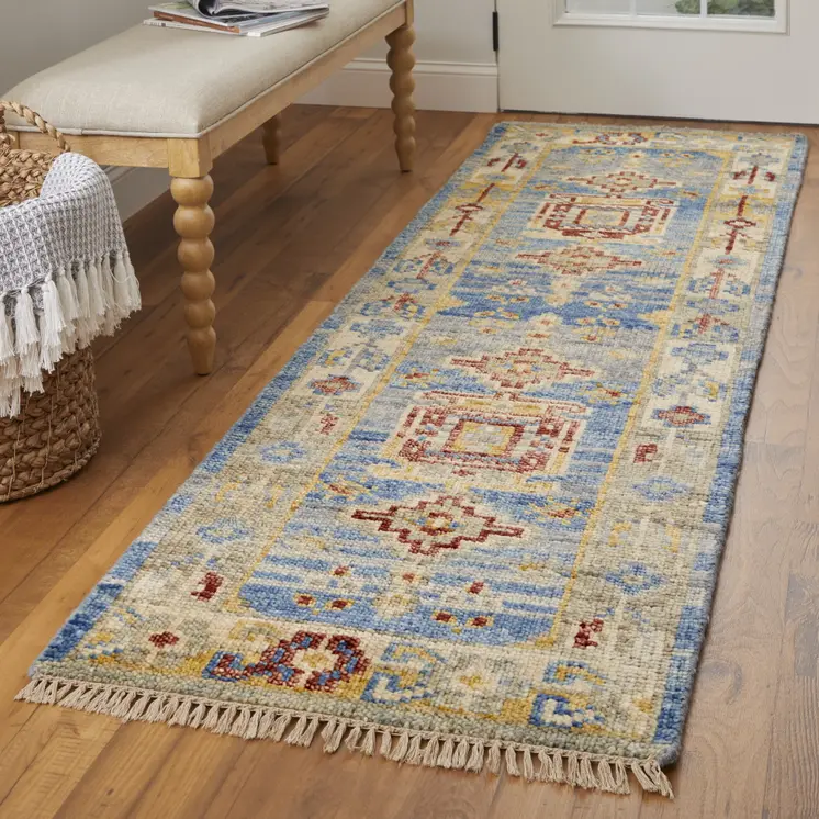 8' Blue Red and Yellow Wool Geometric Hand Knotted Runner Rug With Fringe