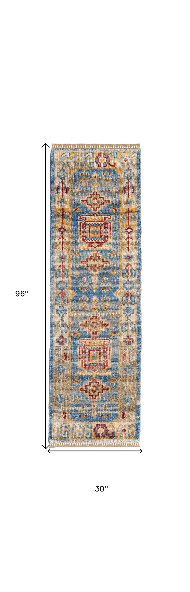 8' Blue Red and Yellow Wool Geometric Hand Knotted Runner Rug With Fringe