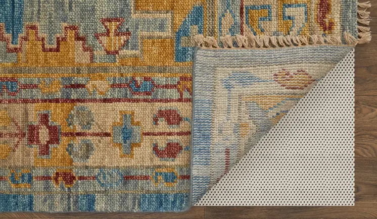 12' X 15' Blue Red and Yellow Wool Geometric Hand Knotted Area Rug With Fringe