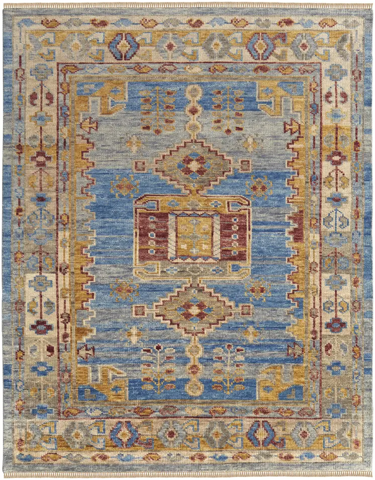 12' X 15' Blue Red and Yellow Wool Geometric Hand Knotted Area Rug With Fringe