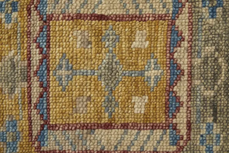 2' X 3' Blue Red and Yellow Wool Geometric Hand Knotted Area Rug With Fringe