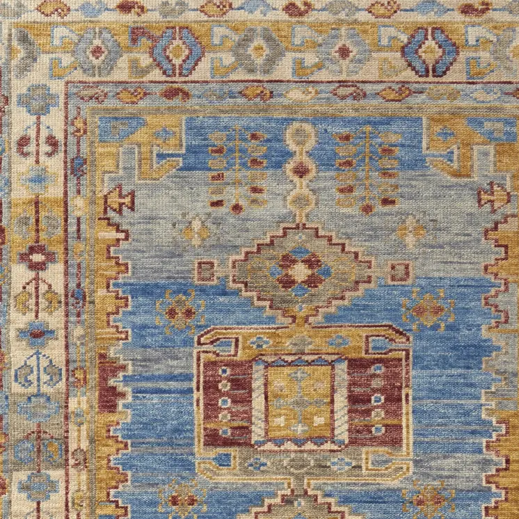 2' X 3' Blue Red and Yellow Wool Geometric Hand Knotted Area Rug With Fringe