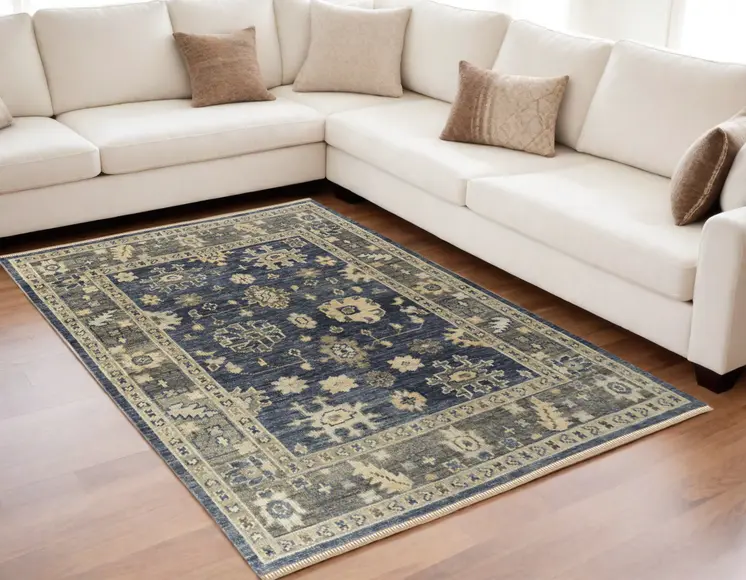 5' X 8' Blue and Gray Wool Floral Hand Knotted Area Rug With Fringe