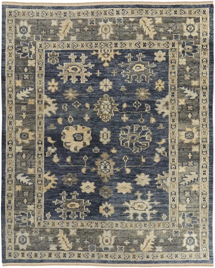 9' X 12' Blue and Gray Wool Floral Hand Knotted Area Rug With Fringe