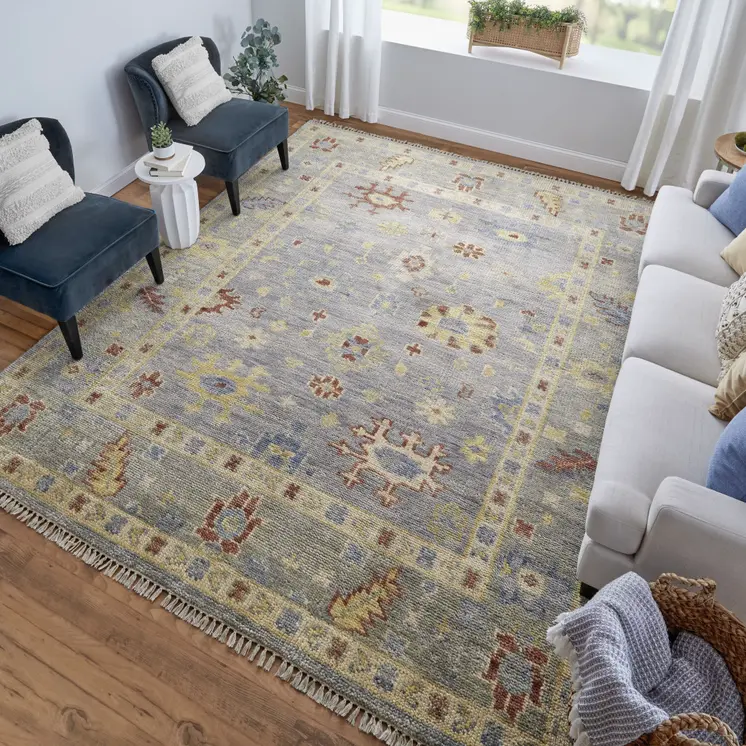 9' X 12' Blue and Gray Wool Floral Hand Knotted Area Rug With Fringe