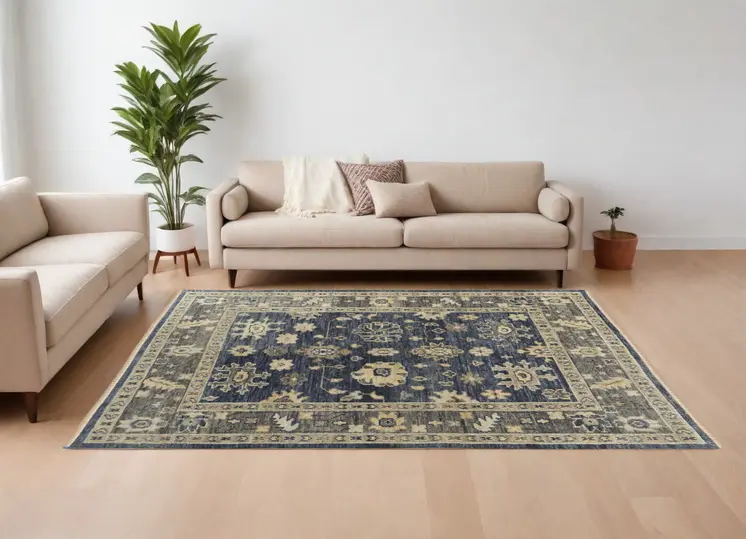 9' X 12' Blue and Gray Wool Floral Hand Knotted Area Rug With Fringe