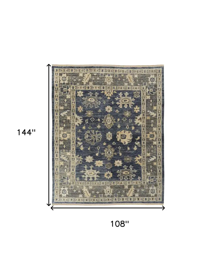 9' X 12' Blue and Gray Wool Floral Hand Knotted Area Rug With Fringe