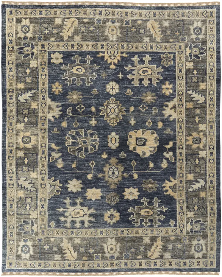 9' X 12' Blue and Gray Wool Floral Hand Knotted Area Rug With Fringe