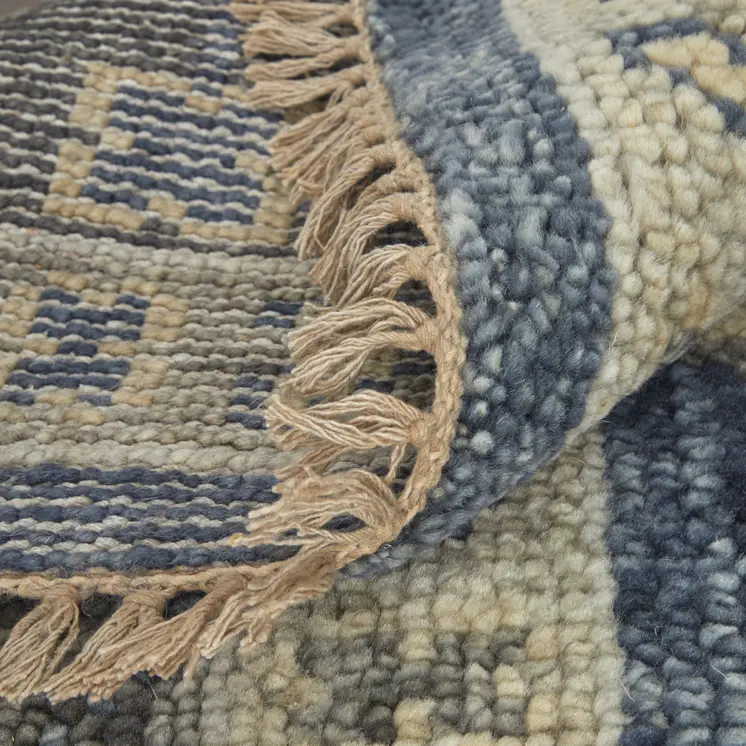 12' Blue and Gray Wool Floral Hand Knotted Runner Rug With Fringe