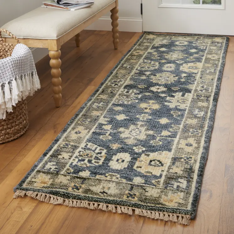 8' Blue and Gray Wool Floral Hand Knotted Runner Rug With Fringe