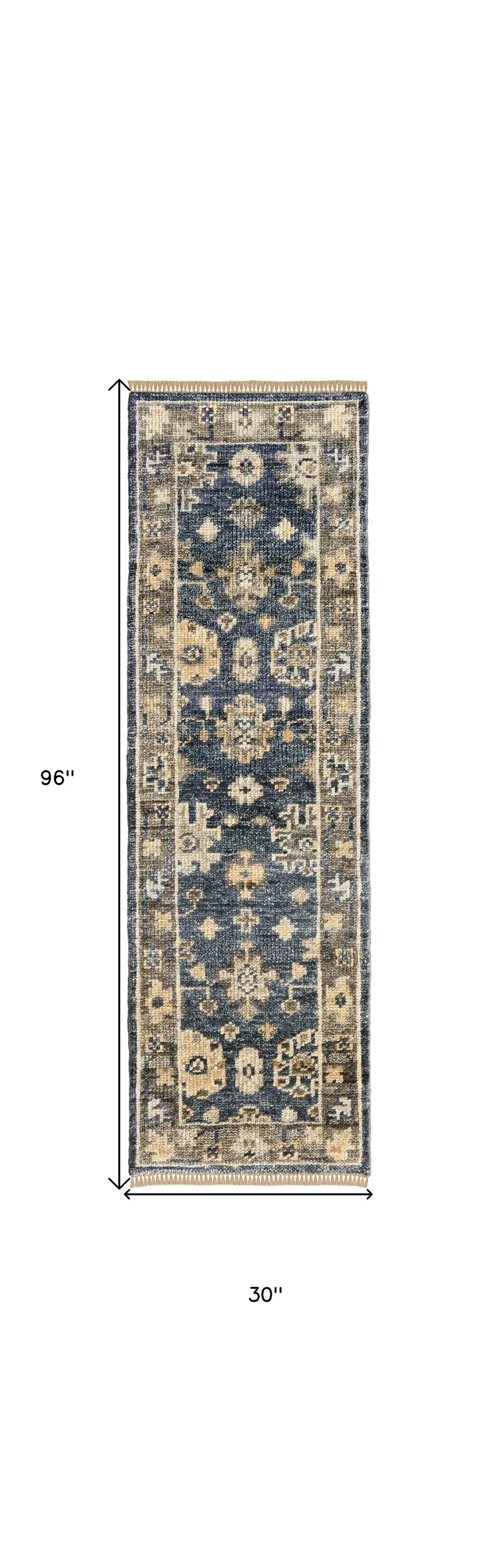 8' Blue and Gray Wool Floral Hand Knotted Runner Rug With Fringe