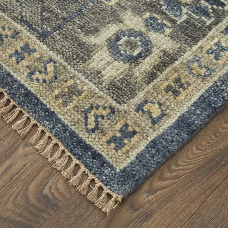 2' X 3' Blue and Gray Wool Floral Hand Knotted Area Rug With Fringe