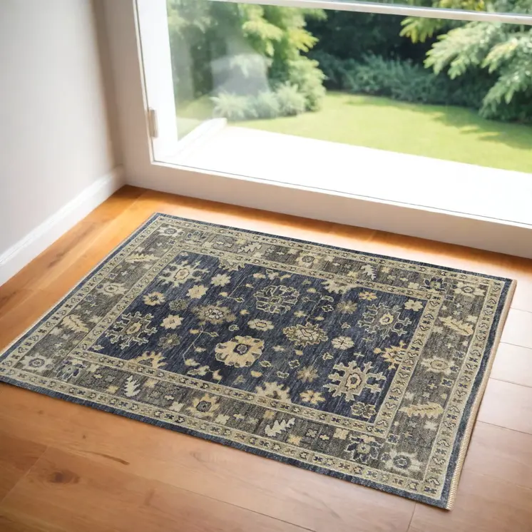 2' X 3' Blue and Gray Wool Floral Hand Knotted Area Rug With Fringe