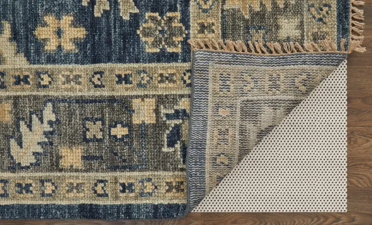 2' X 3' Blue and Gray Wool Floral Hand Knotted Area Rug With Fringe
