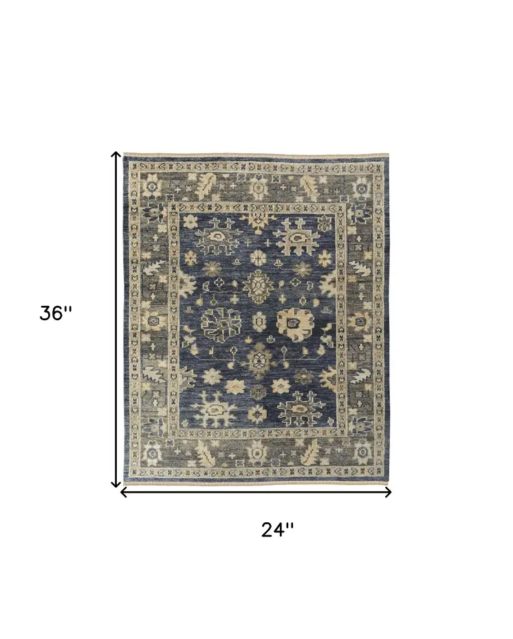 2' X 3' Blue and Gray Wool Floral Hand Knotted Area Rug With Fringe