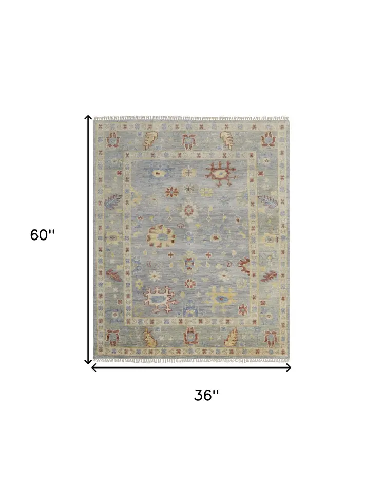 3' X 5' Light Blue and Taupe Wool Floral Hand Knotted Area Rug With Fringe