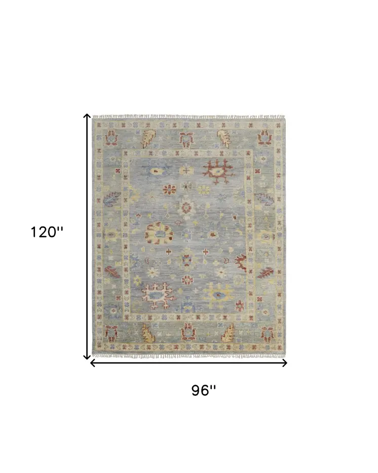 8' X 10' Light Blue and Taupe Wool Floral Hand Knotted Area Rug With Fringe