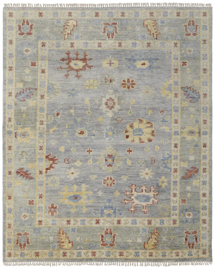 9' X 12' Light Blue and Taupe Wool Floral Hand Knotted Area Rug With Fringe