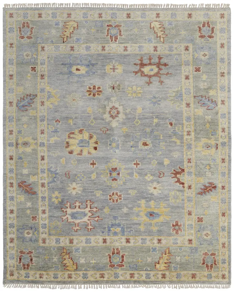 9' X 12' Light Blue and Taupe Wool Floral Hand Knotted Area Rug With Fringe