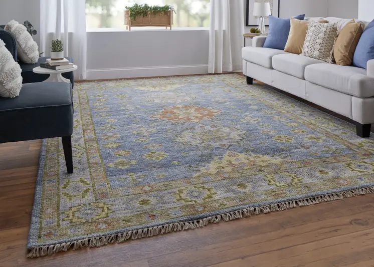 3' X 5' Green Blue and Yellow Wool Geometric Hand Knotted Area Rug With Fringe