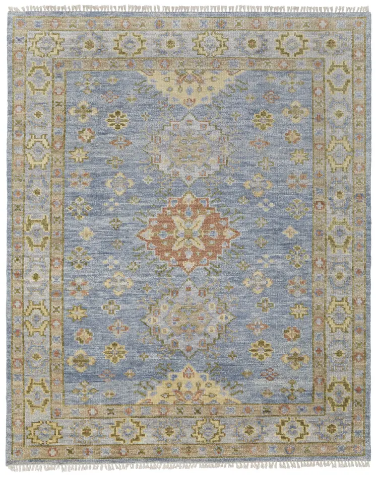 5' X 8' Green Blue and Yellow Wool Geometric Hand Knotted Area Rug With Fringe