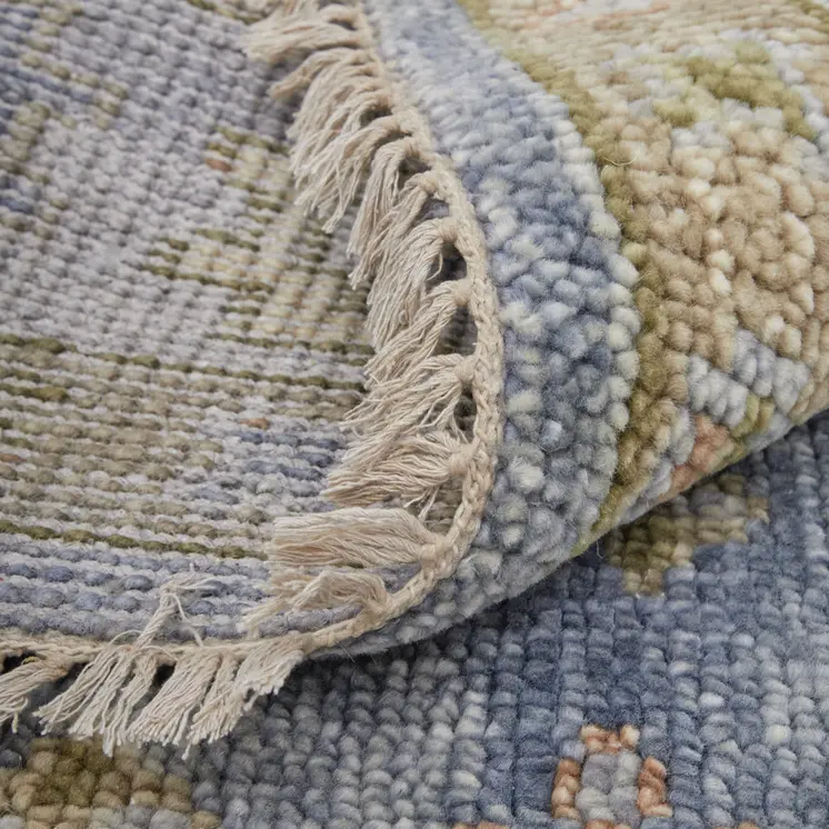5' X 8' Green Blue and Yellow Wool Geometric Hand Knotted Area Rug With Fringe