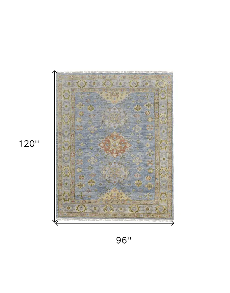 8' X 10' Green Blue and Yellow Wool Geometric Hand Knotted Area Rug With Fringe