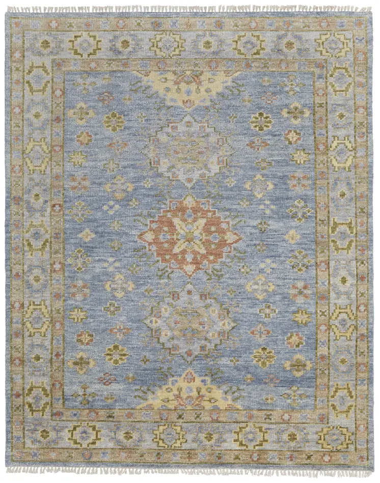 8' X 10' Green Blue and Yellow Wool Geometric Hand Knotted Area Rug With Fringe