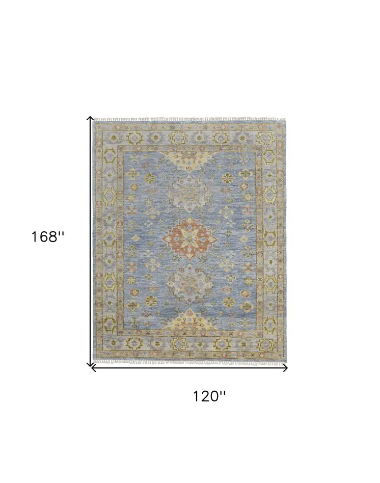 10' X 14' Green Blue and Yellow Wool Geometric Hand Knotted Area Rug With Fringe