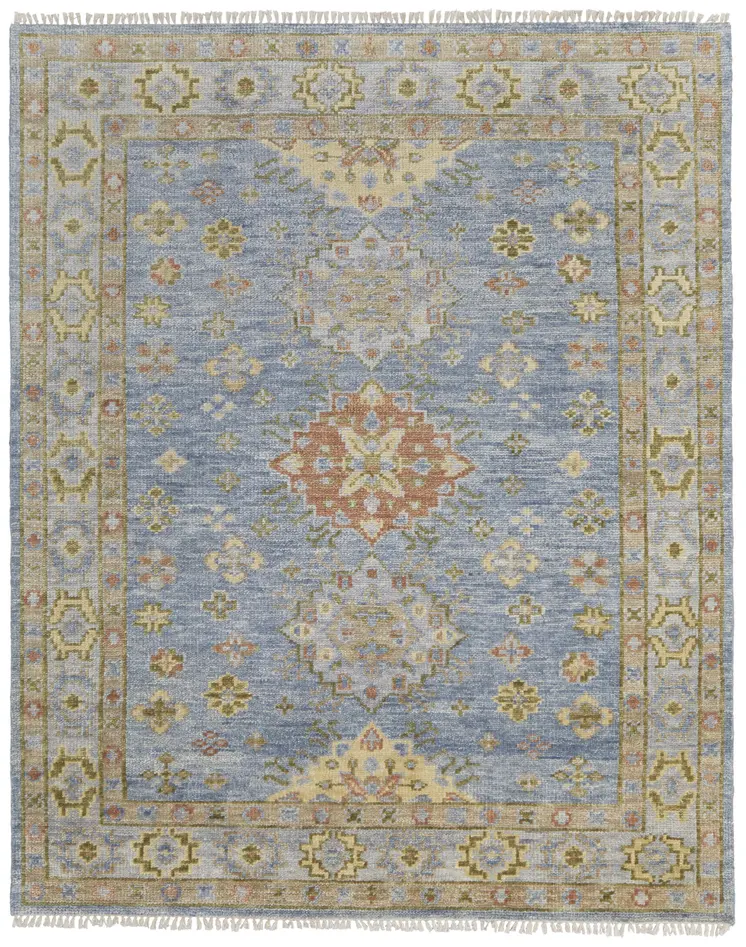 10' X 14' Green Blue and Yellow Wool Geometric Hand Knotted Area Rug With Fringe