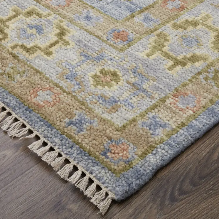 2' X 3' Green Blue and Yellow Wool Geometric Hand Knotted Area Rug With Fringe