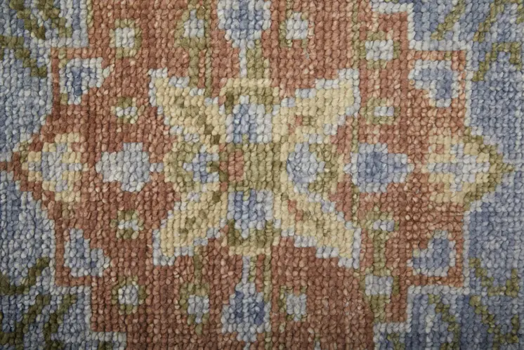 2' X 3' Green Blue and Yellow Wool Geometric Hand Knotted Area Rug With Fringe