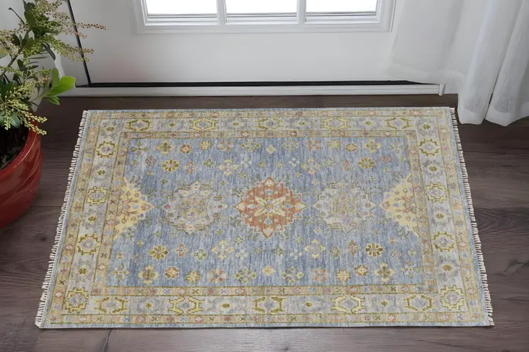 2' X 3' Green Blue and Yellow Wool Geometric Hand Knotted Area Rug With Fringe