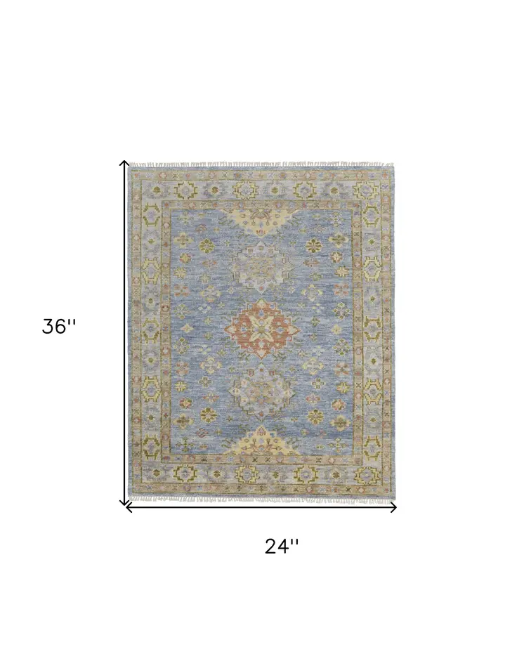 2' X 3' Green Blue and Yellow Wool Geometric Hand Knotted Area Rug With Fringe