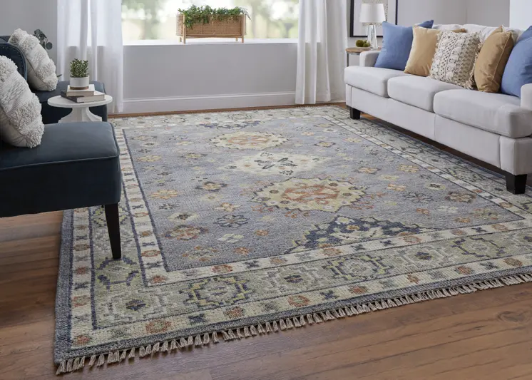 3' X 5' Gray Blue and Taupe Wool Geometric Hand Knotted Area Rug With Fringe