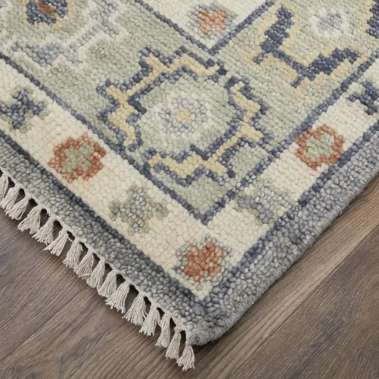 3' X 5' Gray Blue and Taupe Wool Geometric Hand Knotted Area Rug With Fringe