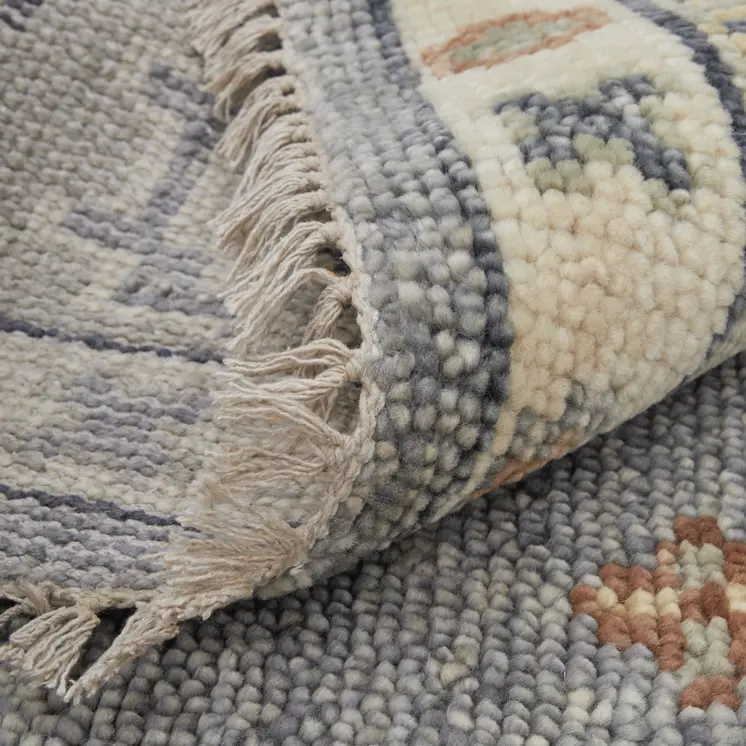 3' X 5' Gray Blue and Taupe Wool Geometric Hand Knotted Area Rug With Fringe
