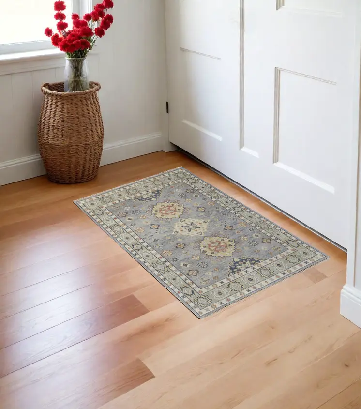 3' X 5' Gray Blue and Taupe Wool Geometric Hand Knotted Area Rug With Fringe