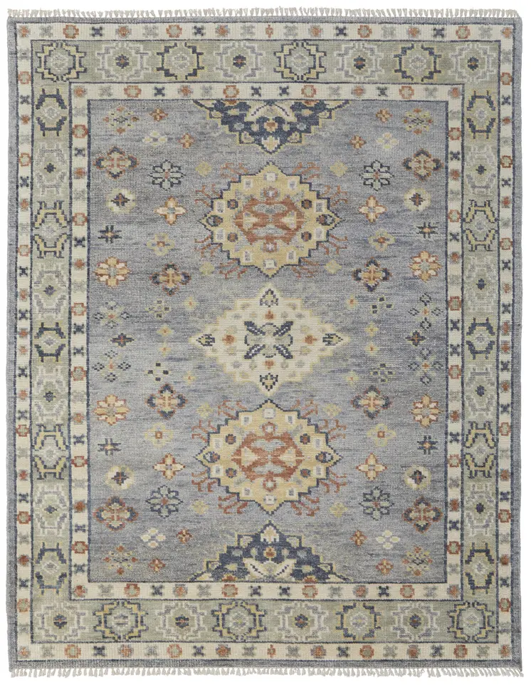 5' X 8' Gray Blue and Taupe Wool Geometric Hand Knotted Area Rug With Fringe