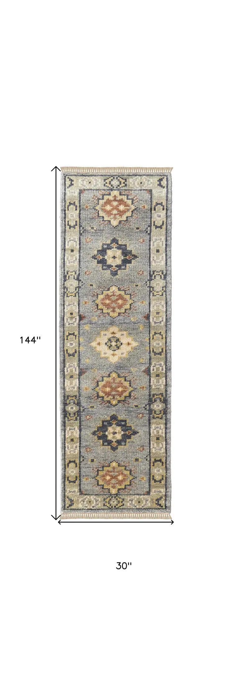 12' Gray Blue and Taupe Wool Geometric Hand Knotted Runner Rug With Fringe