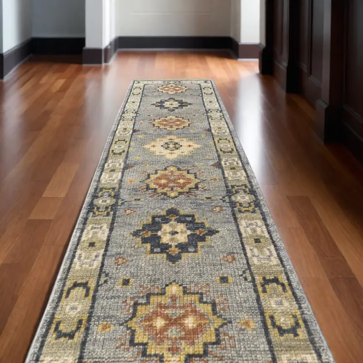 14' Gray Blue and Taupe Wool Geometric Hand Knotted Runner Rug With Fringe