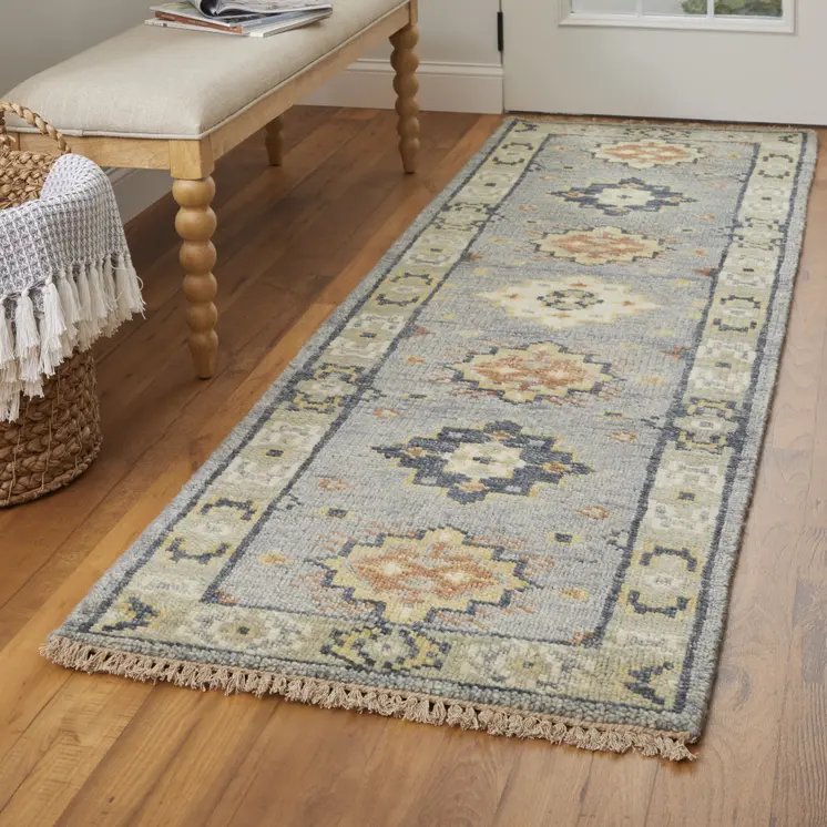 14' Gray Blue and Taupe Wool Geometric Hand Knotted Runner Rug With Fringe