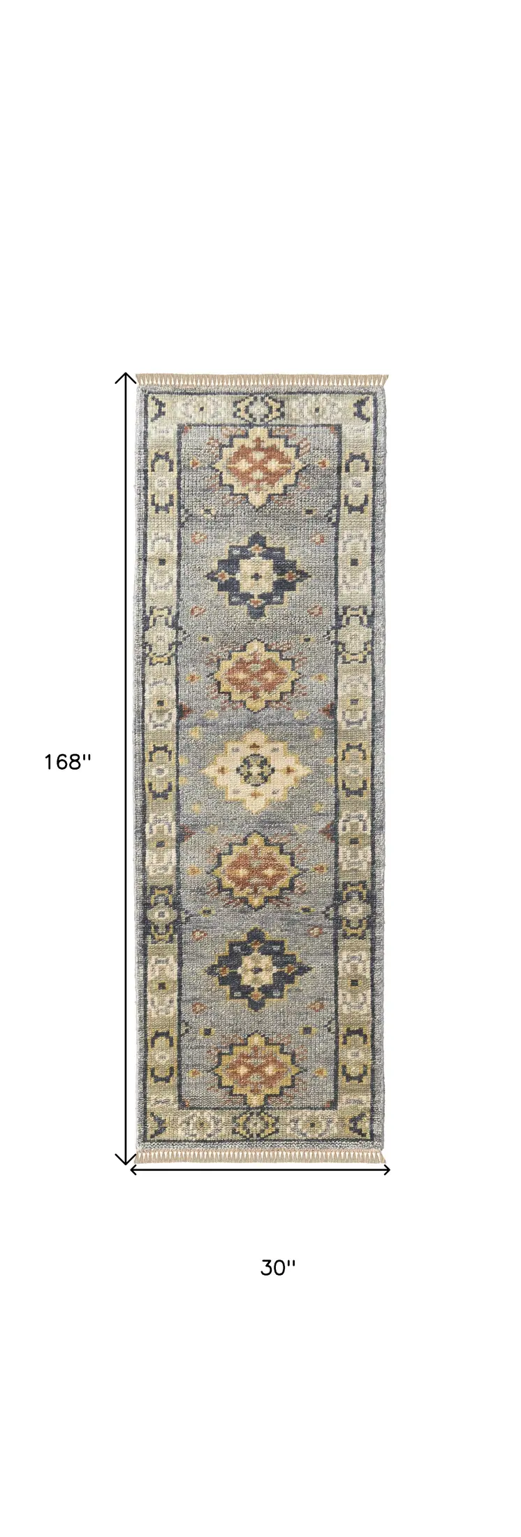 14' Gray Blue and Taupe Wool Geometric Hand Knotted Runner Rug With Fringe