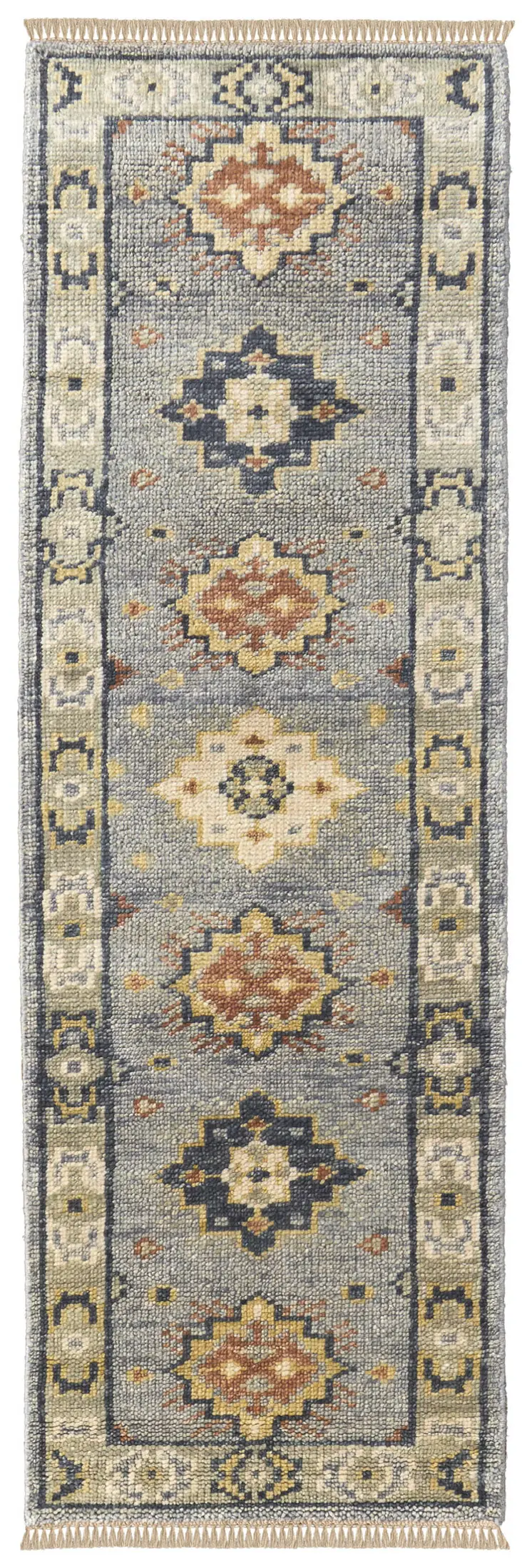 14' Gray Blue and Taupe Wool Geometric Hand Knotted Runner Rug With Fringe